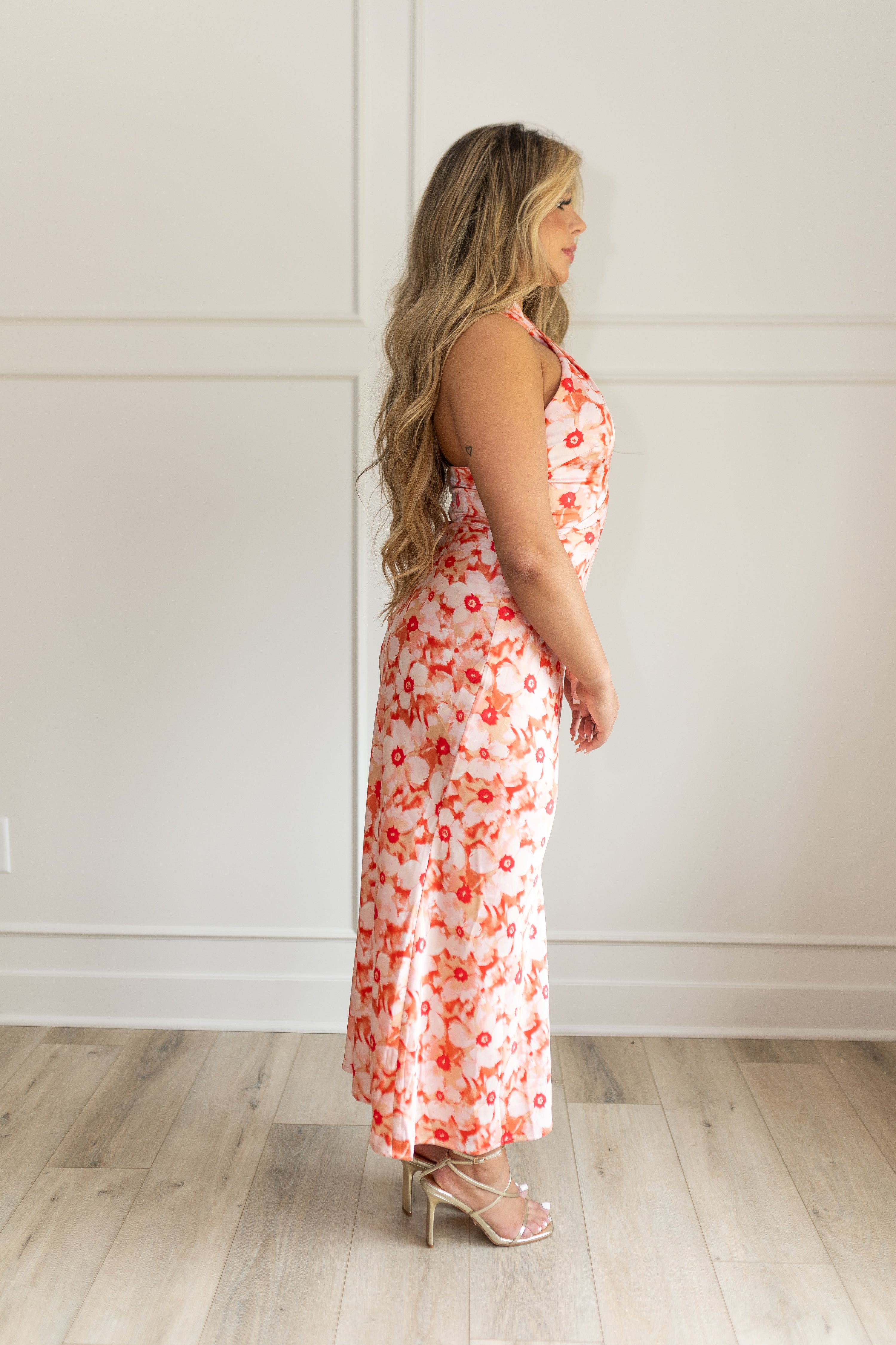 Beverly Floral Satin Halter Midi Dress
