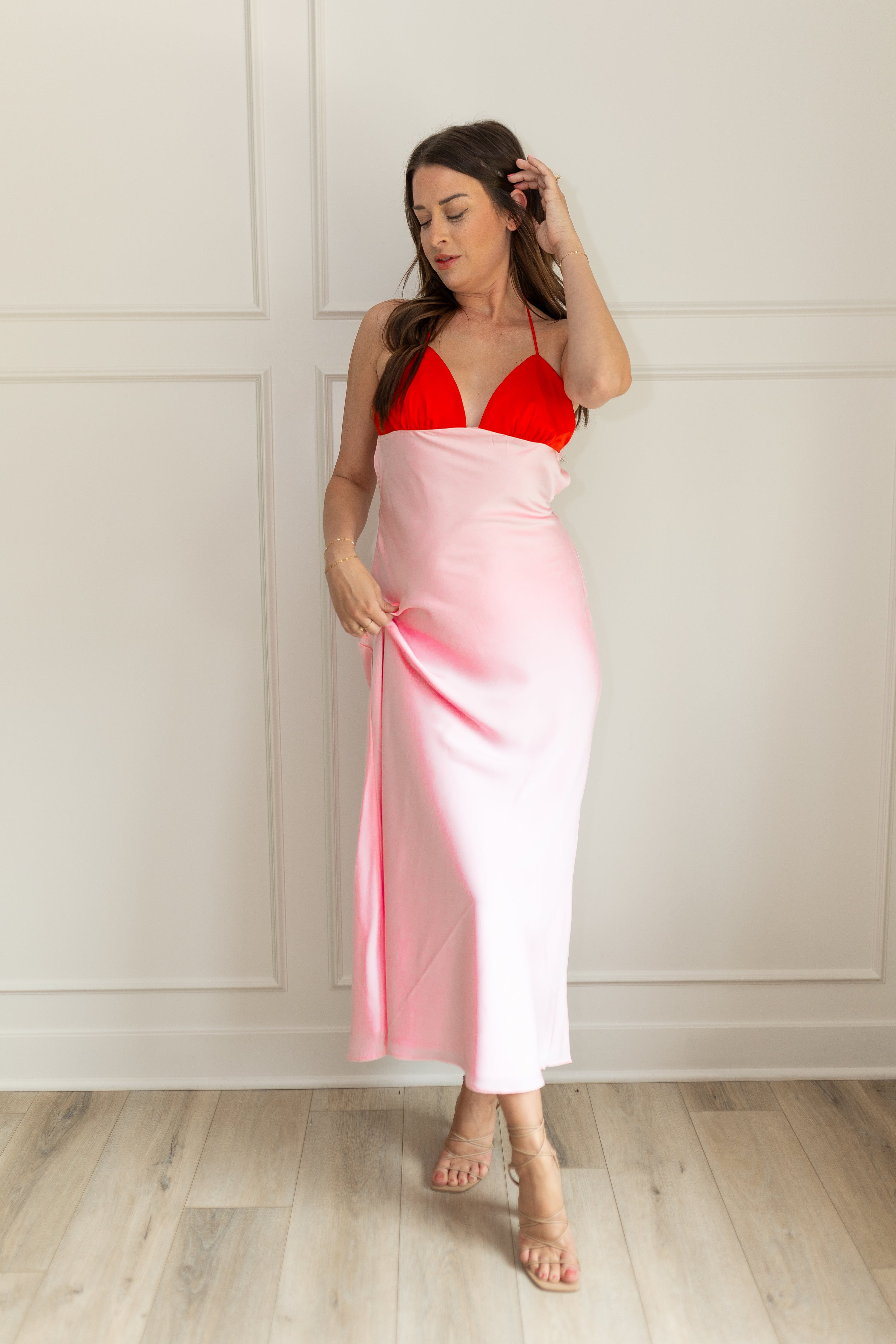 Estelle Red and Pink Satin Maxi Dress