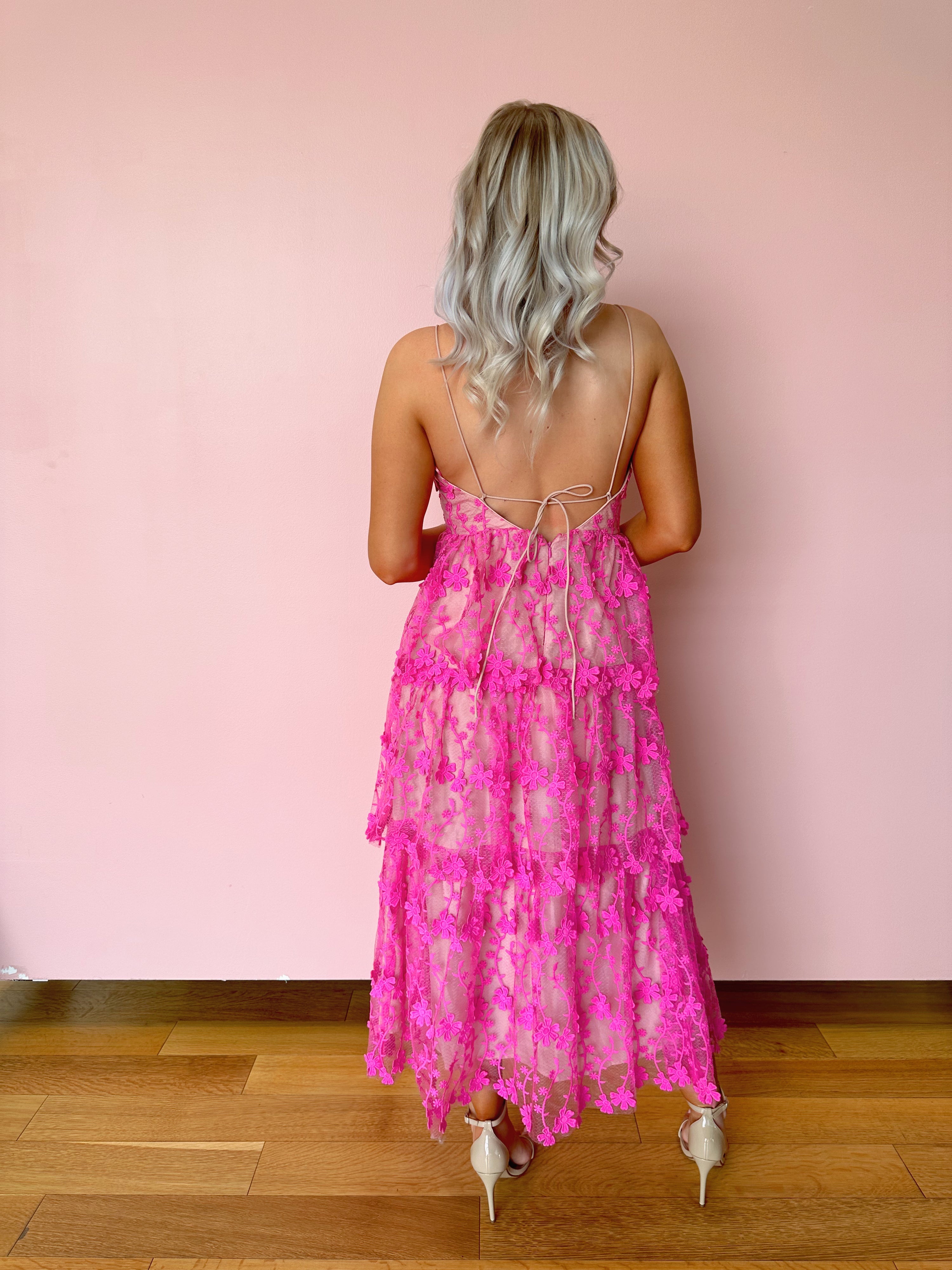 Chloe Pink Floral Lace Tiered Dress