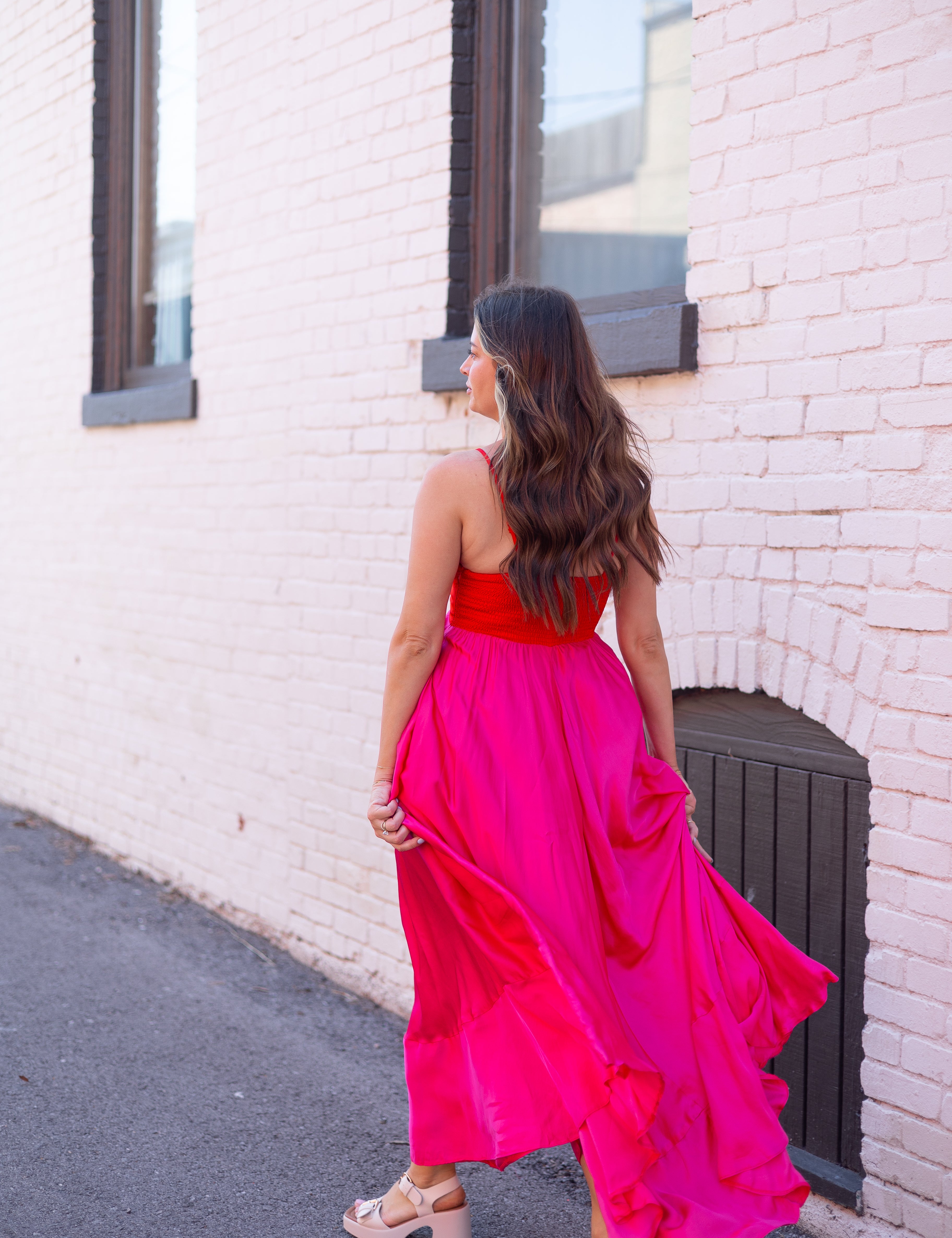 Pink and red two tone satin maxi dress with adjustable straps. 