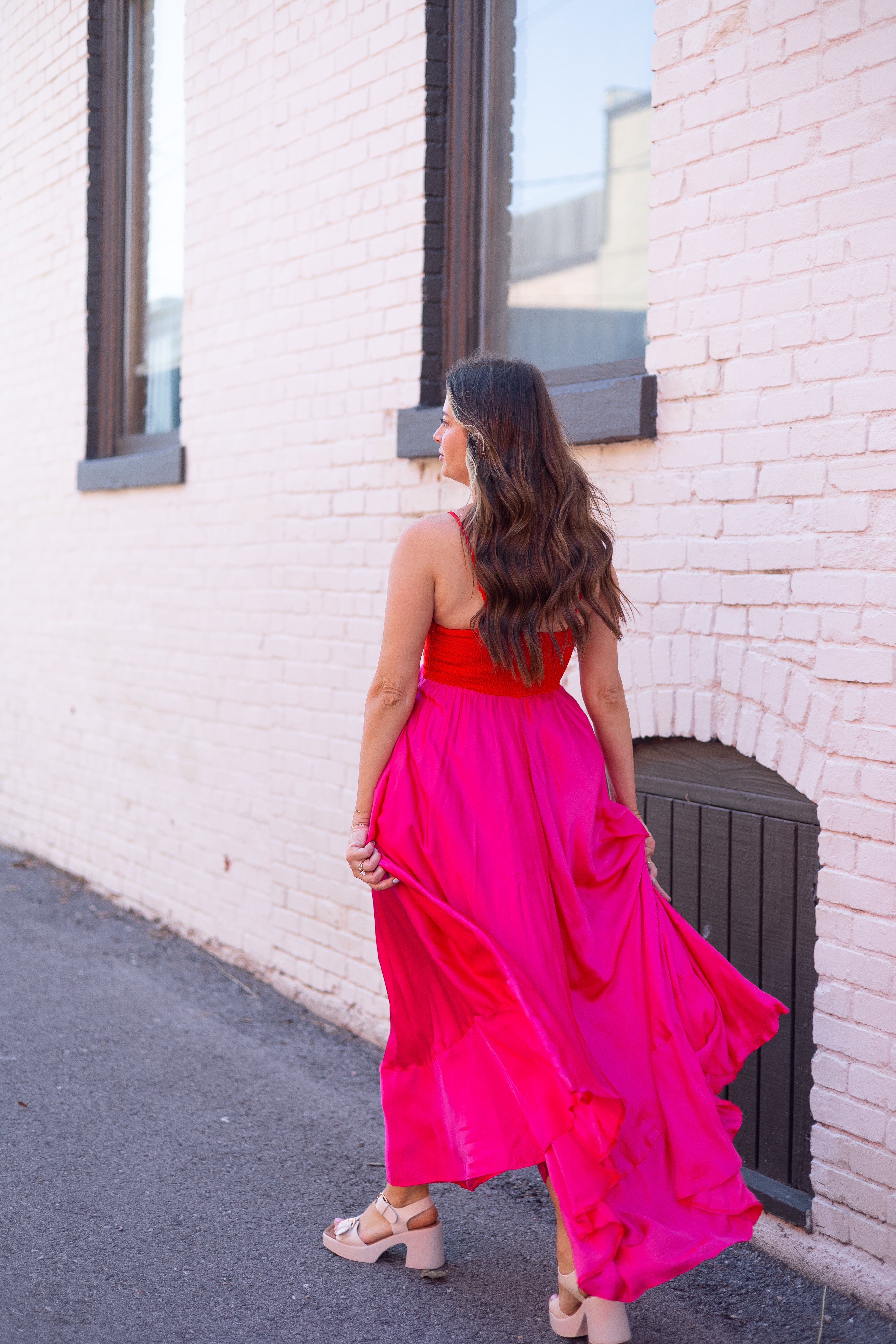 Pink and red two tone satin maxi dress with adjustable straps. 