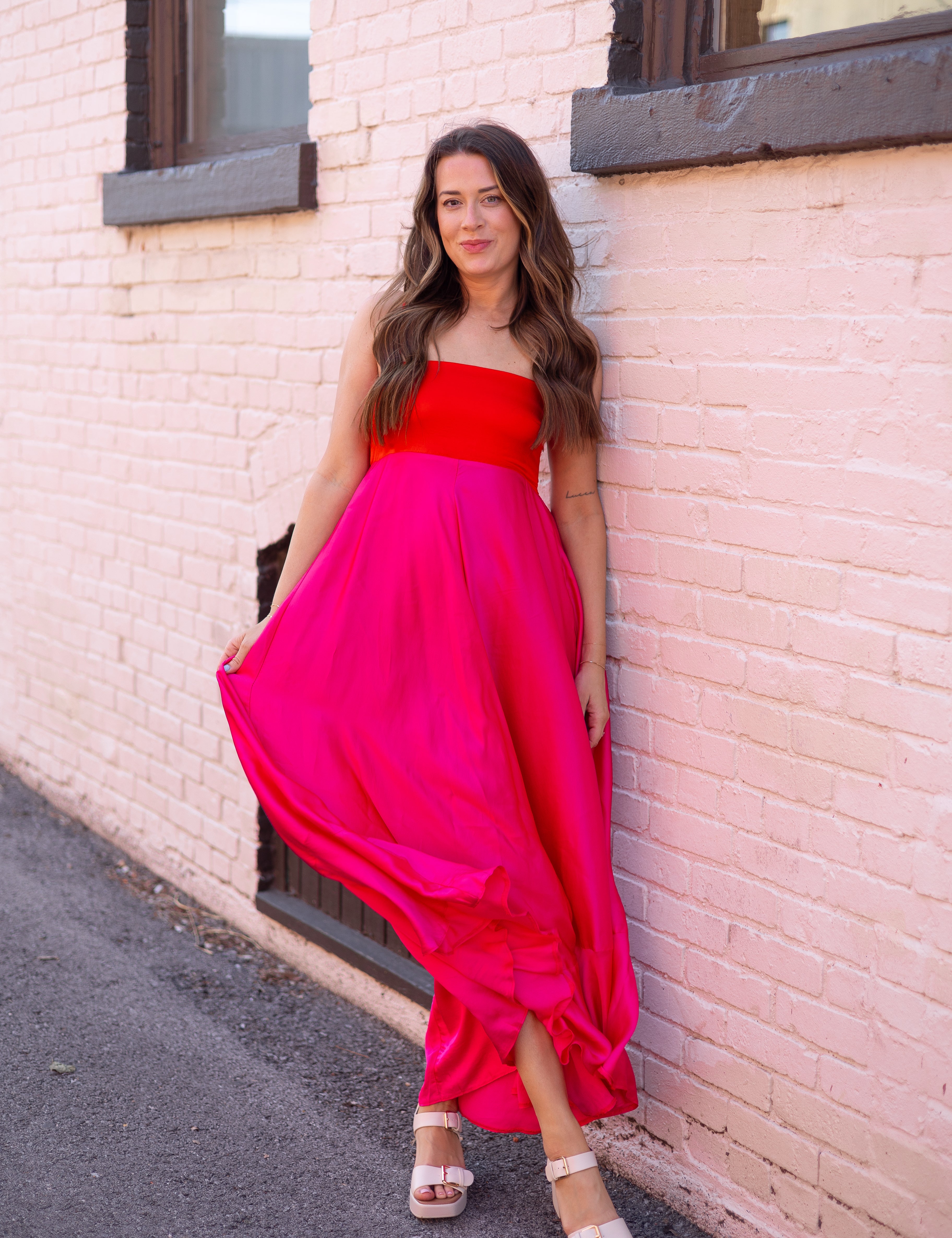 Pink and red two tone satin maxi dress with adjustable straps. 