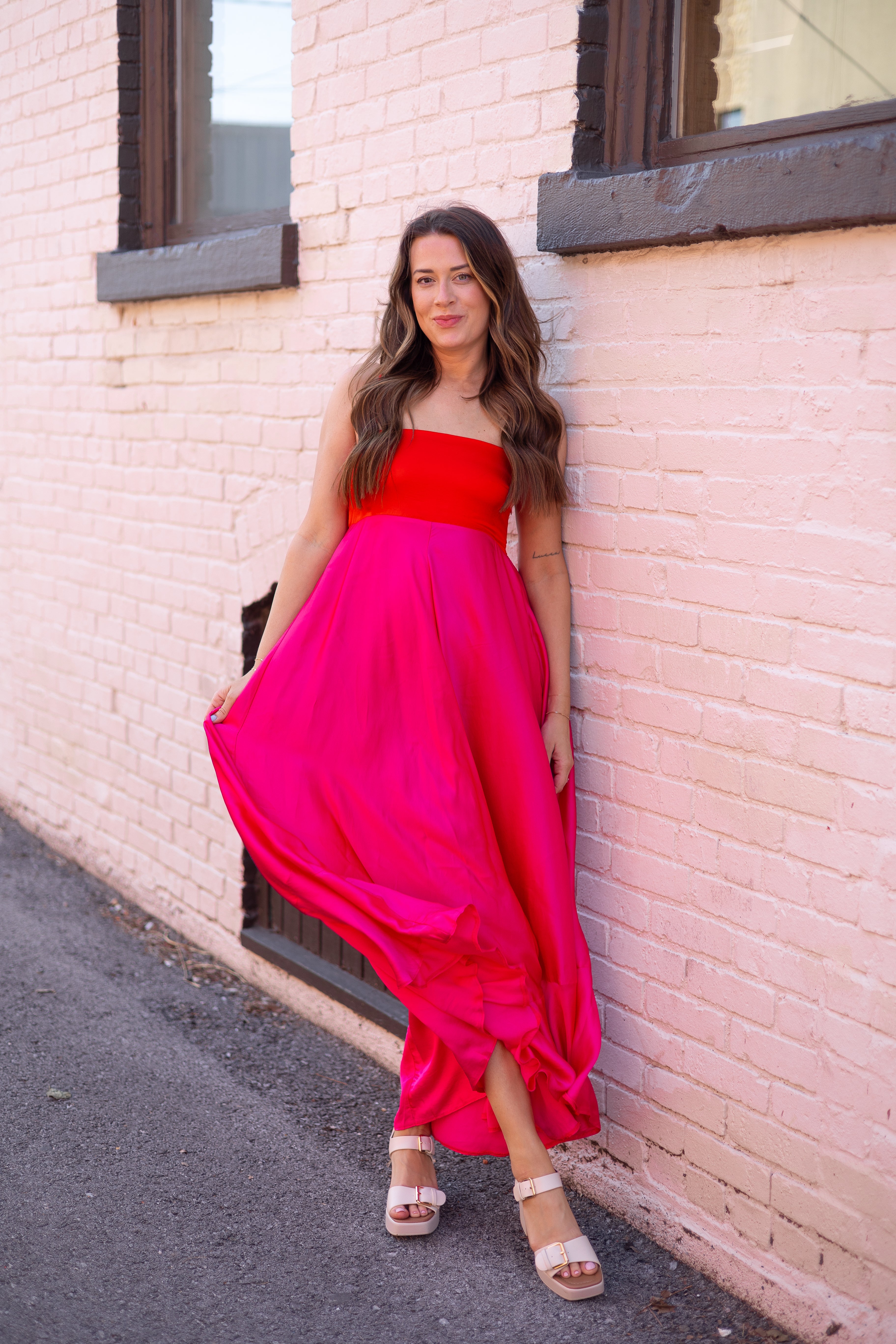 Pink and red two tone satin maxi dress with adjustable straps. 