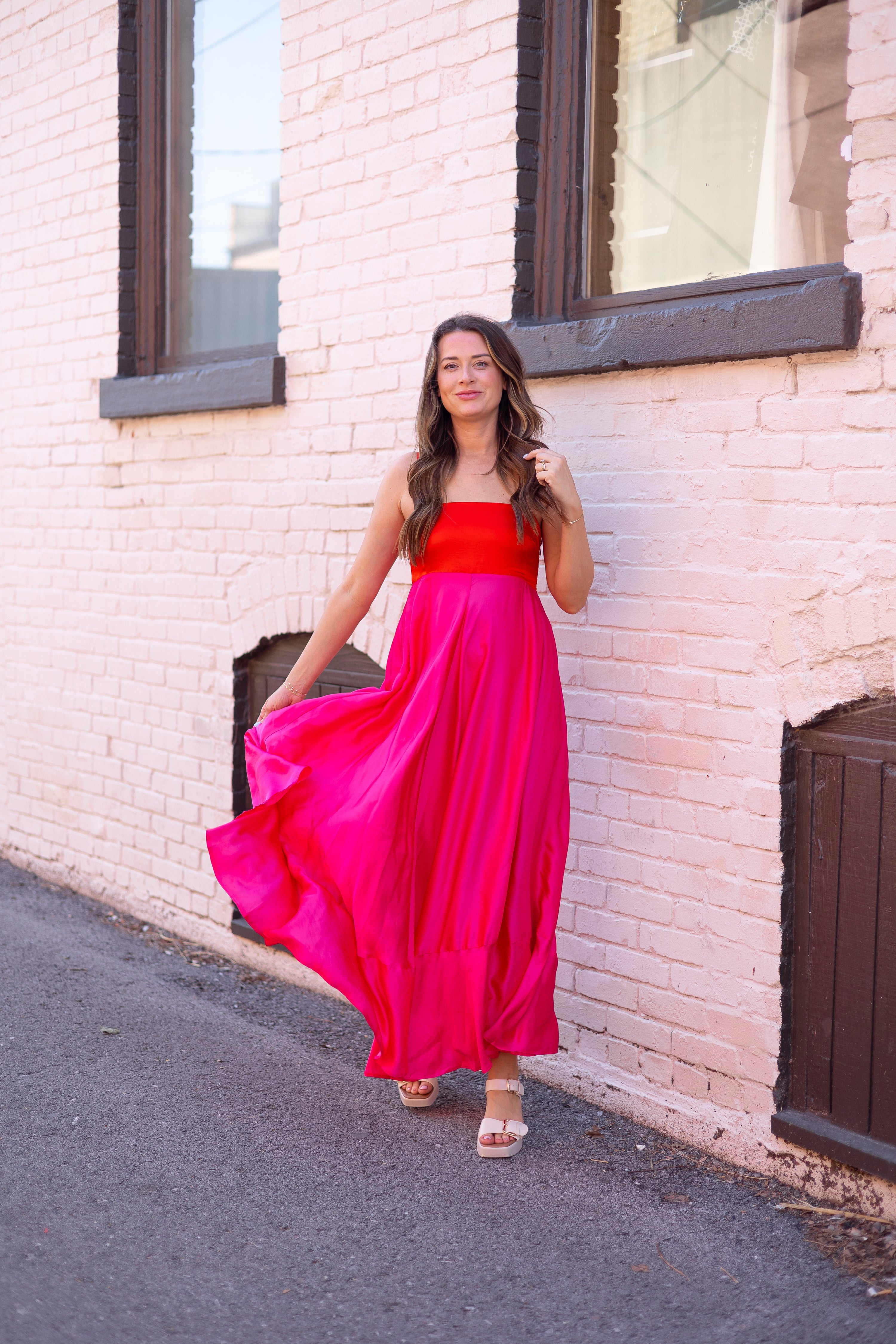 Pink and red two tone satin maxi dress with adjustable straps. 