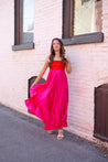 Pink and red two tone satin maxi dress with adjustable straps. 