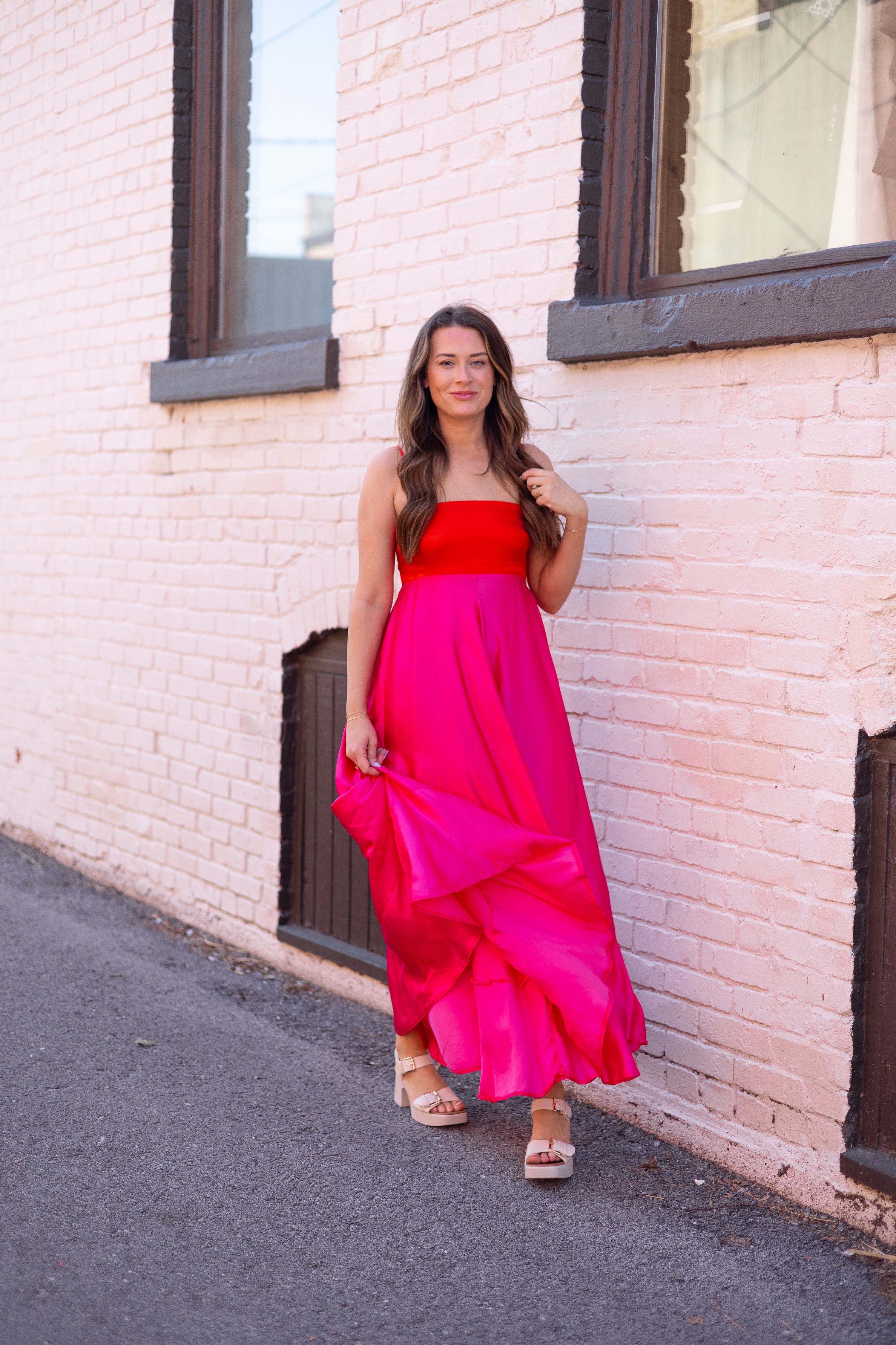 Pink and red two tone satin maxi dress with adjustable straps. 