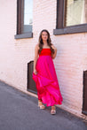 Pink and red two tone satin maxi dress with adjustable straps. 