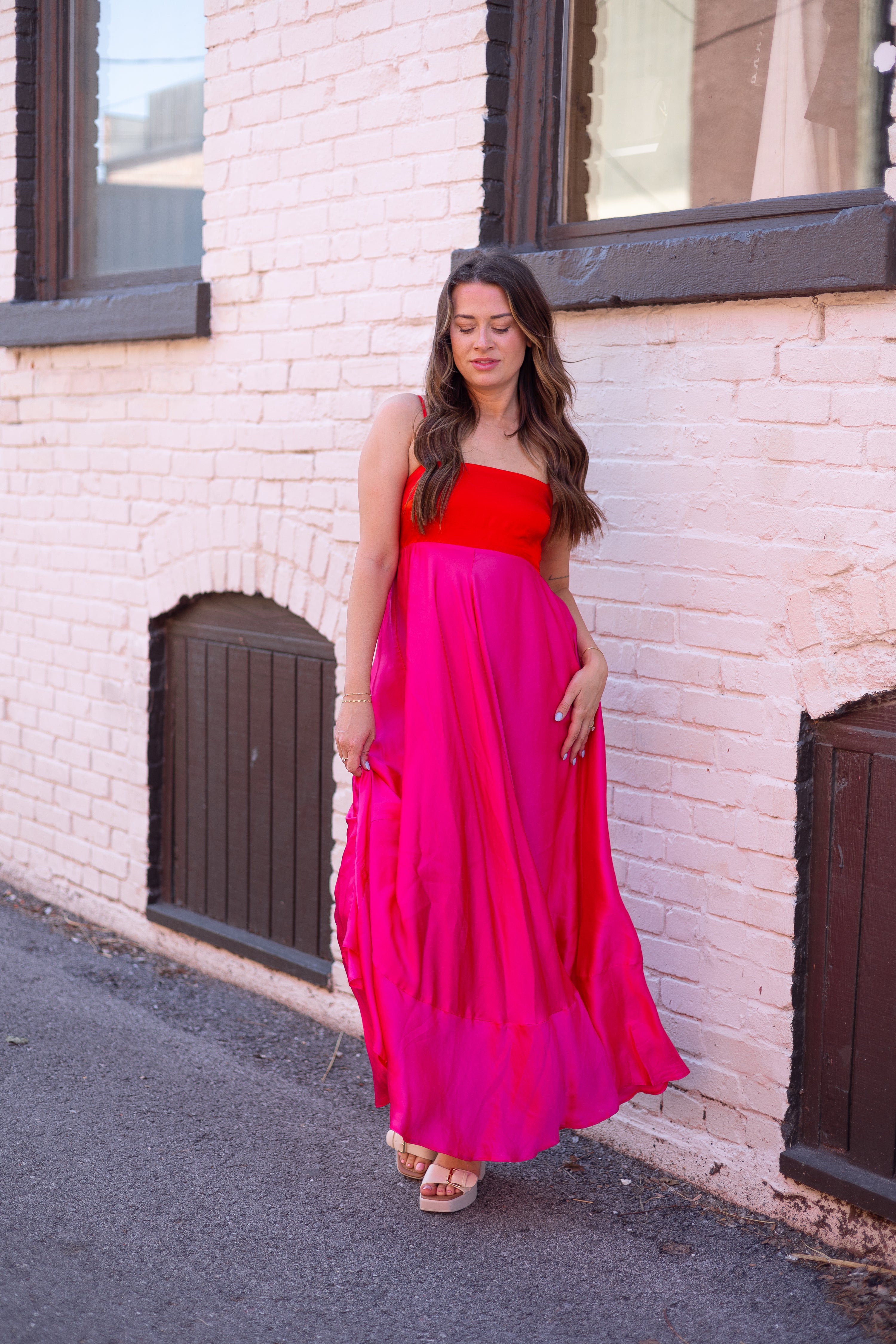 Pink and red two tone satin maxi dress with adjustable straps. 