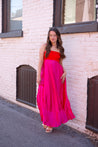 Pink and red two tone satin maxi dress with adjustable straps. 
