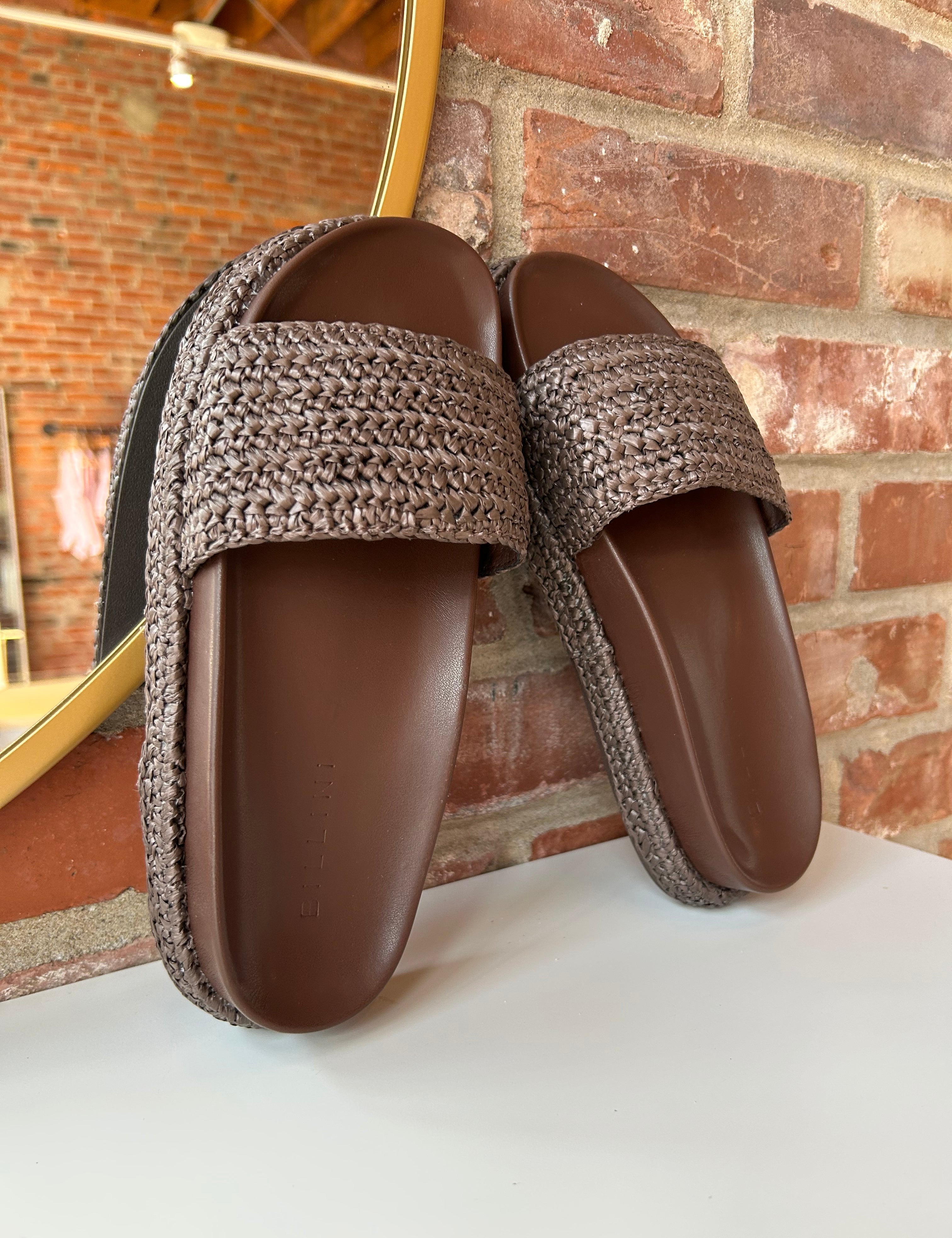 Billini Annie Brown Woven Sandal with a braided strap, cushioned sole, and slip-on design for a chic and comfortable look.