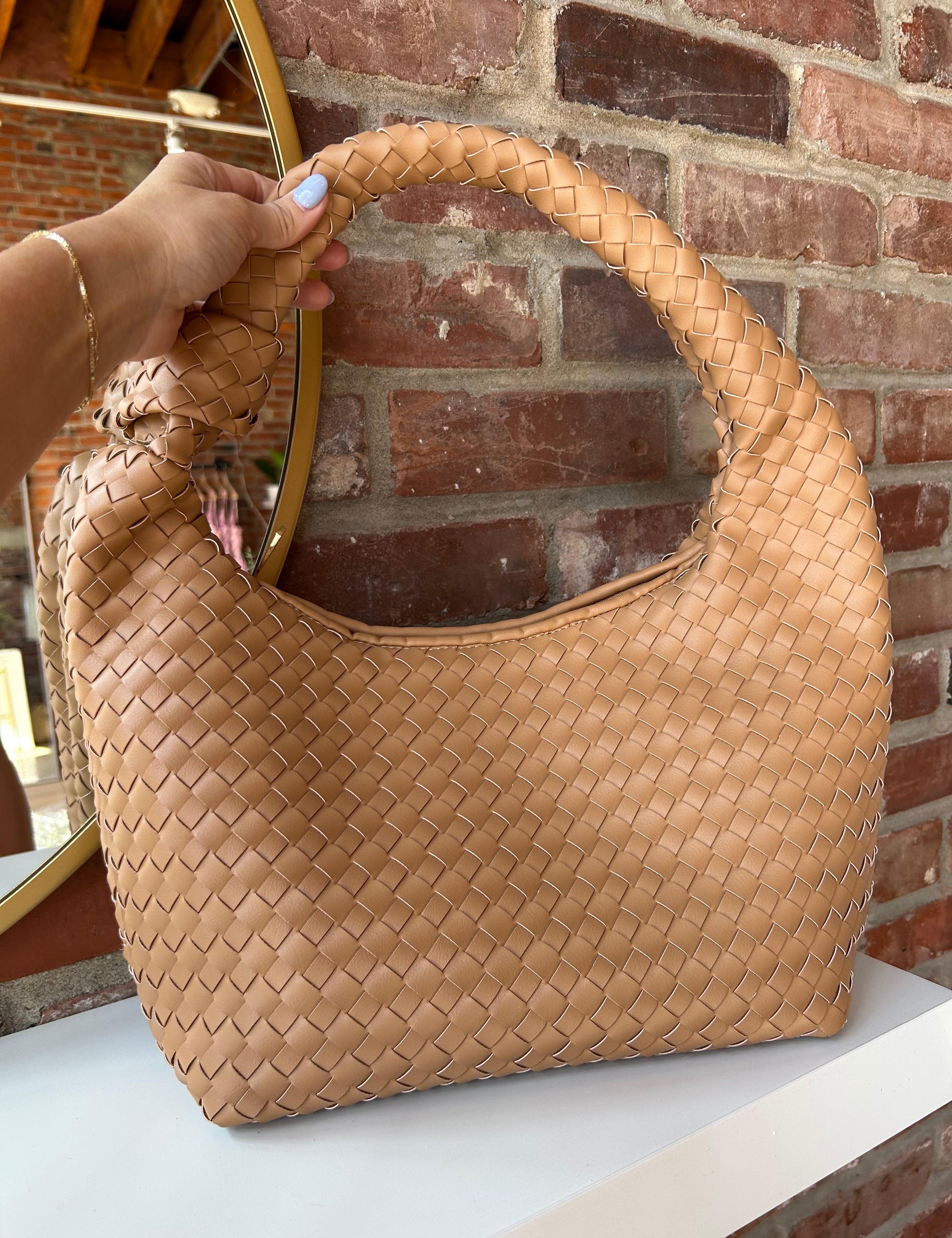 Zara Woven Handbag - Camel with a woven texture, knotted handle, and secure zip closure for a trendy and versatile style.