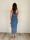 Blue knit midi dress with slits up the side. Also comes in cream and black. 