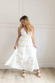 White halter maxi dress with multicolored embroidered seashells. 