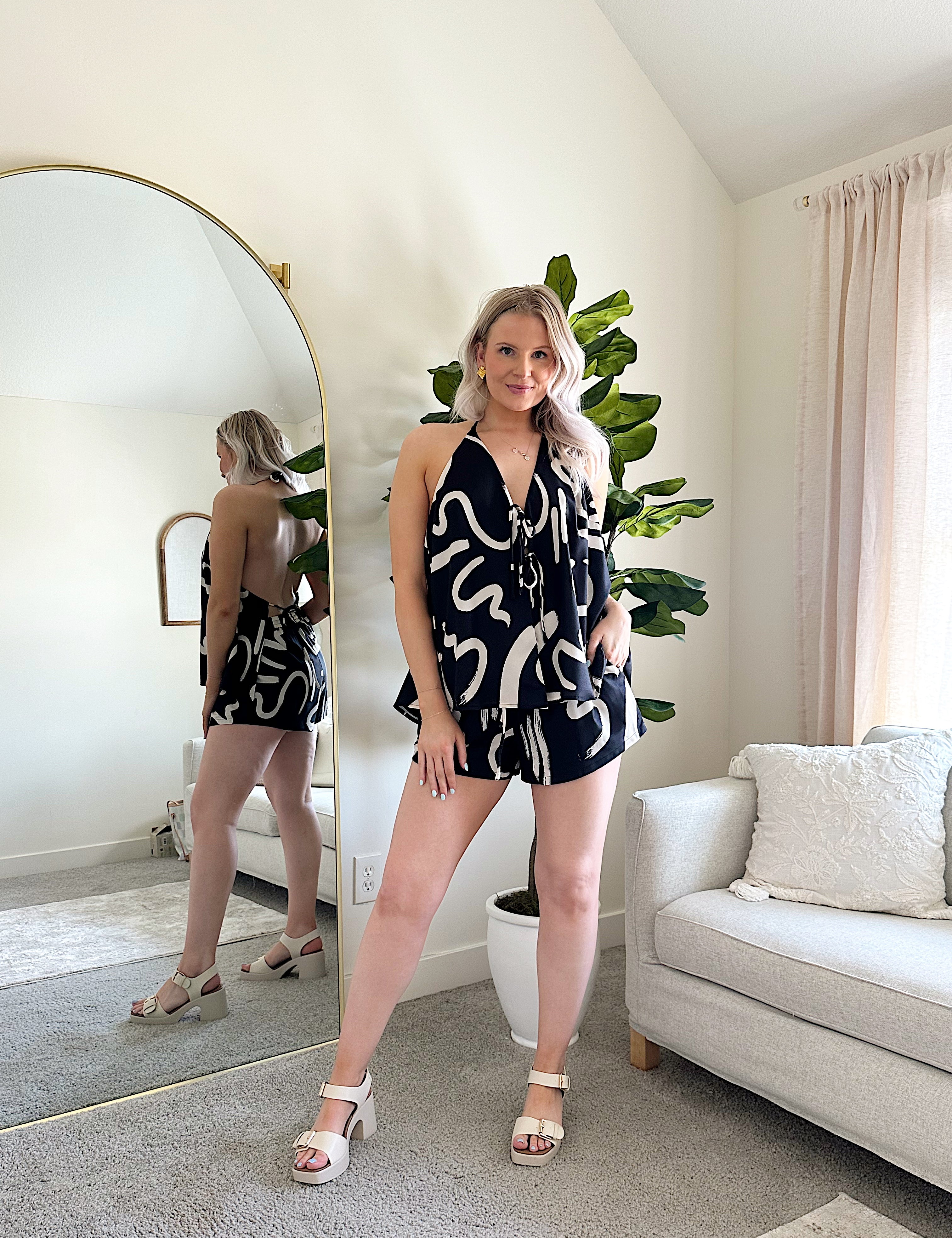 Black and Stone abstract two piece set with open back tie top and high waisted shorts. 