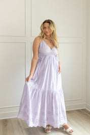 Lavender maxi dress with eyelet embroidered pattern. Adjustable for straps. Also comes in white 