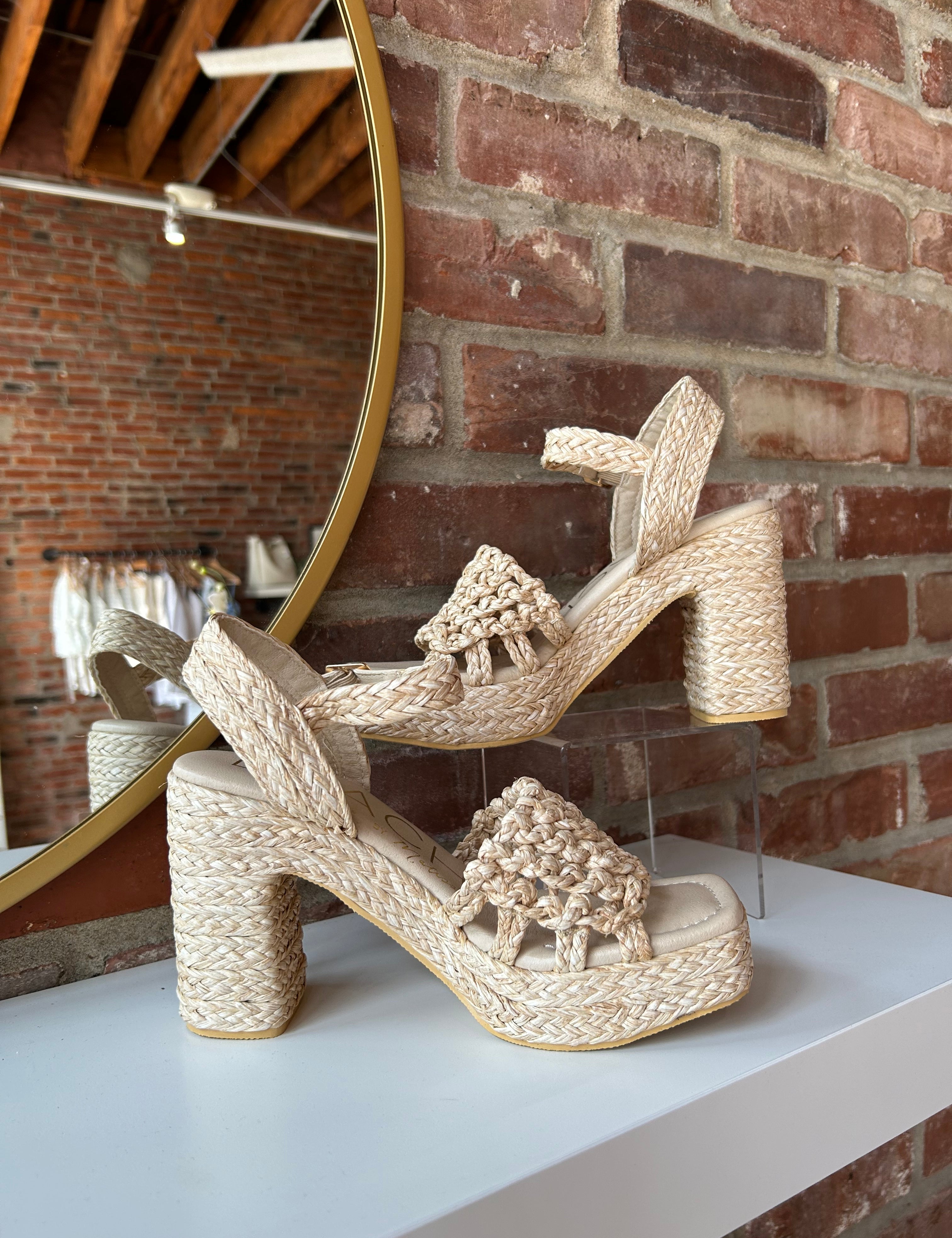 Natural woven raffia platform heel with ankle strap and chunky block heel