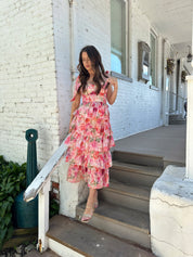 Pink floral tiered midi dress with self tie straps