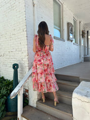Pink floral tiered midi dress with self tie straps