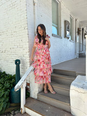 Pink floral tiered midi dress with self tie straps