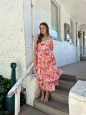 Pink floral tiered midi dress with self tie straps