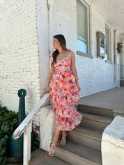 Pink floral tiered midi dress with self tie straps
