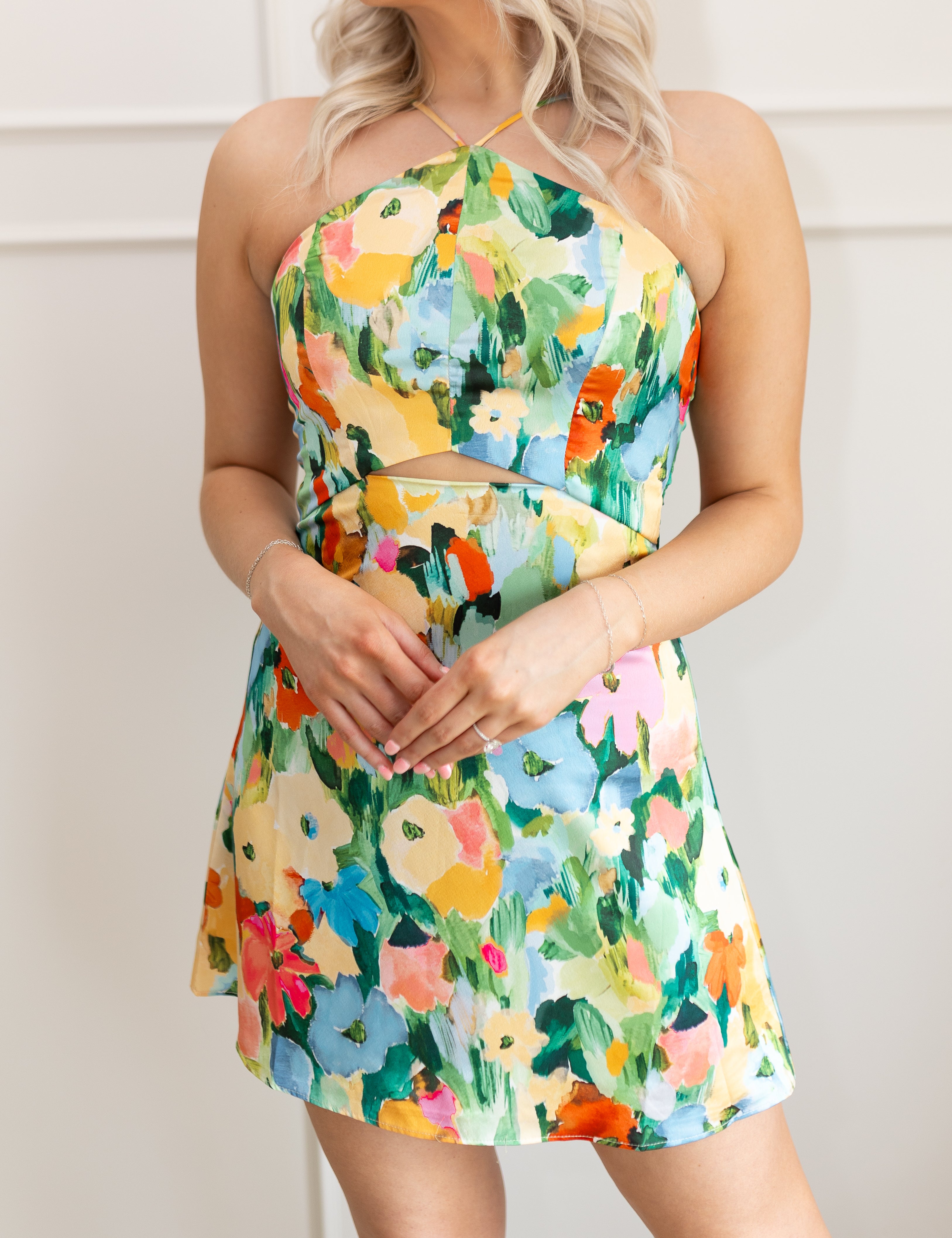 Satin floral halter mini dress with watercolor print and waist cutout