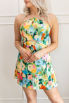 Satin floral halter mini dress with watercolor print and waist cutout